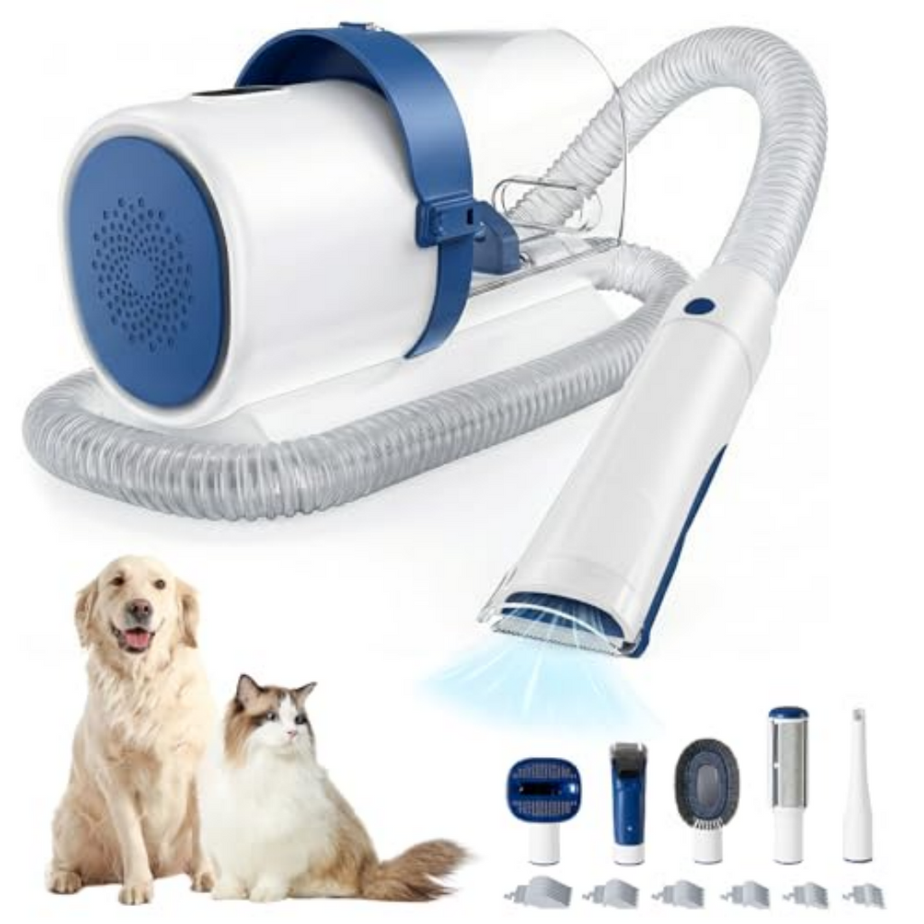 The Shed Catcher vacuum groomer, white and blue