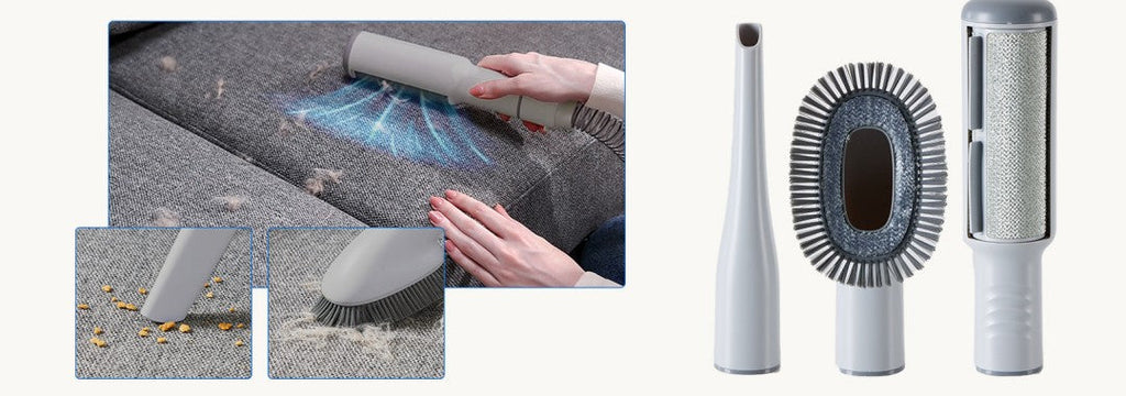 Three of the heads: crevice tool, brush head and de-shedding head, with the nozzle on a carpet. Supplier photo, cropped.