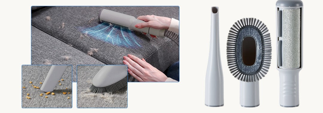 Three of the heads: crevice tool, brush head and de-shedding head, with the nozzle on a carpet. Supplier photo, cropped.